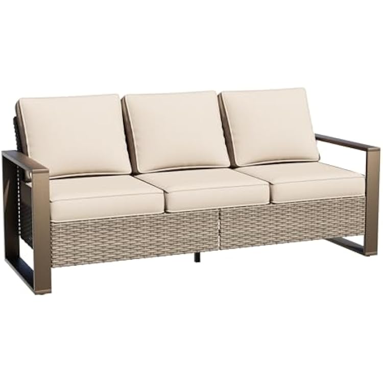 75 Patio Metal Wicker Sofa, All Weather Outdoor Rattan 3-Seat Sofa Couch with Premium Cushions & Rectangular Framed Wood-Looking Metal Armrest for Garden Backyard Porch Deck, Beige