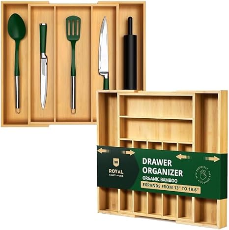ROYAL CRAFT WOOD Luxury Bamboo Kitchen Drawer Organizer - Silverware and Utensil Organizer, 9 and 5 Slot