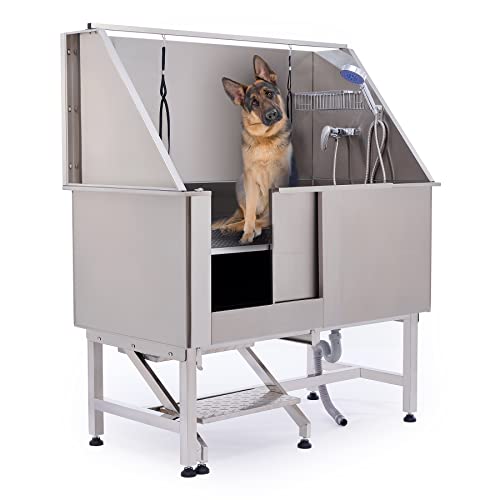 CO-Z 50 Dog Bathing Station for Large Dogs, Professional Dog Grooming Tub Pet Dog Washing Station for Home, Large Dog Bathtub with 304 Stainless Steel Tank, Removable Floor Grate, Steps, Faucet