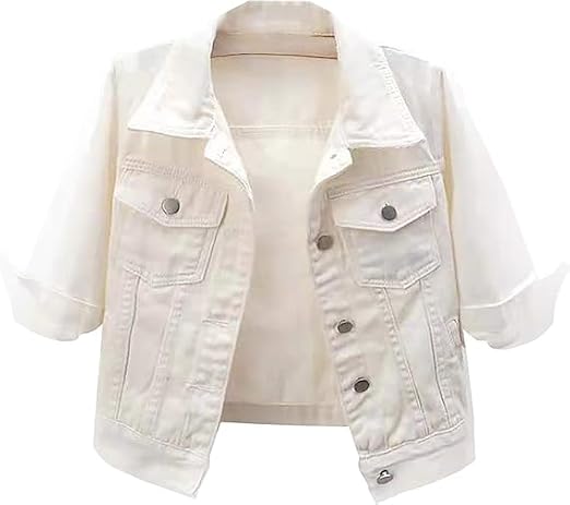 Denim Jacket for Women 3/4 Sleeve Short Denim Jacket Button Down Cropped Jean Denim Jackets Coats with Pockets