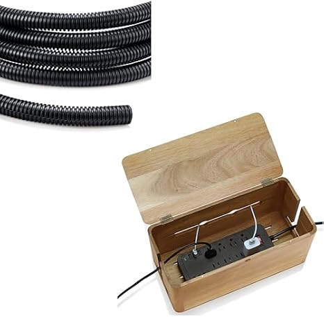 Large Acacia Wood Style Cable Management Box & Wire Loom 1/2 inch 10ft Black