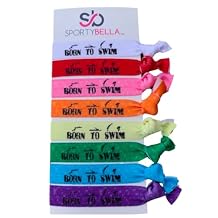 Sportybella Swimming Hair Ties, Hair Accessories For Girls, Women, Teens & Kids. No Crease Elastic Hair Ties Set, Born to Swim, Ponytail Holders for Swimmers & Swim Team, 8pcs.