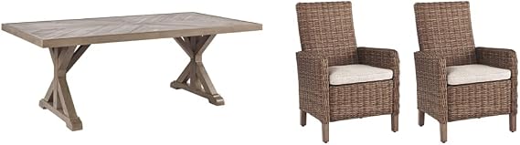Signature Design by Ashley Beachcroft Outdoor Farmhouse Beige Dining Table with Porcelain Top and Umbrella Hole & Beachcroft Wicker Arm Chair with Cushion, 2 Count, Brown