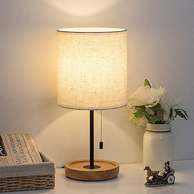 HAITRAL Bedside Table Lamp - Modern Nightstand Lamp with Linen Fabric Shade Wooden Desk Lamps for Bedrooms, Office, College Dorm, Dinning Room, Girls Room - 16 Inches HT-AD005