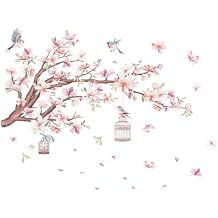 Cherry Blossom Flowers Wall Decals Decor Vinyl Stickers, Magnolia Floral Tree Branch Birds Wall Art Murals, Flower Pattern Wall Stickers for Girls Bedroom Living Room Nursery Decor