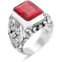 Silver Natural Ruby Stone Ring, Men Handmade Unique Silver Ring, Hand-Engraved Ottoman Style Ring, 925k Sterling Silver Ring