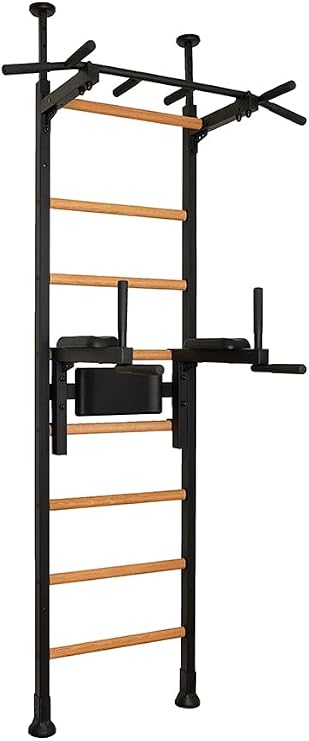 522B Wallbars, Stall Bars, Swedish Ladder, Gymnastic Ladder with Fixed Steel 6-Grip Pull Up Bar, Dip Bar with Polyurethane Back Support, Floor to Ceiling or Wall Mounting