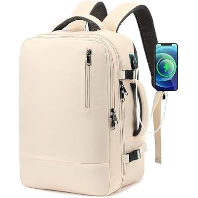 TANTOMI Travel Backpack for Women, 15.6 Inch Laptop Backpack Flight Approved, Small Carry-On Bags with USB Charging Port & Shoe Pouch, Casual Daypack on Airplane for Weekender Work Business, Beige