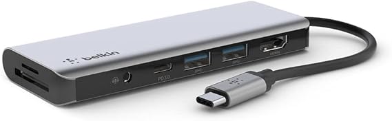 Belkin 7 in 1 Multi-Port USB C Hub (4K HDMI, USB-C, 2 x USB A, 3.5mm Audio, with micro-SD 3.0 for SD 3.0 Slot), AVC009BTSGY