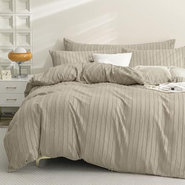 JELLYMONI Duvet Cover Queen Size Khaki - 3PCS Boho Striped Duvet Cover Set Polyester Tufted Bohemian Textured Comforter Cover 9090in with Corner Ties & Zipper and 2 Pillowcases