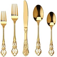 Runfly Gorgeous Retro Royal Gold Stainless Steel 20 Pieces Flatware Set, Golden Silverware Set, Anti-rust Stainless Steel Gold Cutlery Set Utensils Including Fork Spoon and Knife