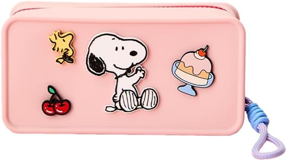MINISO Snoopy Cute Style Silicone Makeup Bag, Soft, Durable, Easy to Clean, for storing cosmetics. Available in Blue and Pink. (Pink) birthday gift