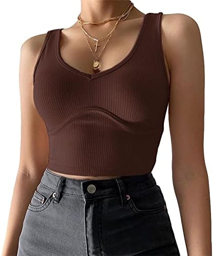 Artfish Womens Sexy Scoop Neck Corset Crop Top Bustier Sleeveless Fitted Ribbed Basic Cropped Tank Brown, XS