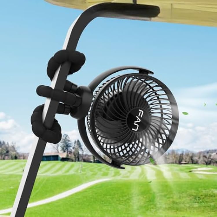 Rechargeable Golf Cart Fan, 10000mAh Battery for 55H Max Runtime, Portable Fan with Flexible Tripod, USB Type-C Charging, 3-Speed & Timer, Compatible with EZGO Club Car Yamaha