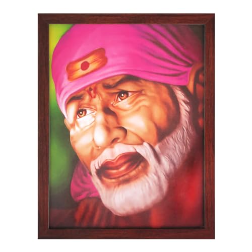 HandicraftStore SANVIKA Sai Baba Poster Frame Wall Decor, Sai Baba Photo Art Frame For Living Room Decor, Hindu Decor For Home Office, Pooja Room- 12 x 9 Sai Baba Full Face Art in Pink