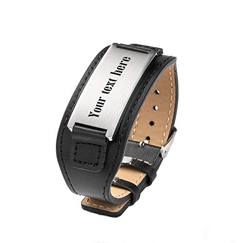 Caramel Personalized Custom Free Engraved Brown Black Leather Stainless Steel Bracelet Cuff for Men Women