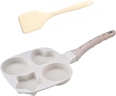 Nonstick 4-Cup Divided Grill Skillet,Equipped with a silicone spatula, Healthy Granite Egg Frying Pan with Anti-scald Handle, Breakfast Skillet for Eggs, Pancakes, Bacon White
