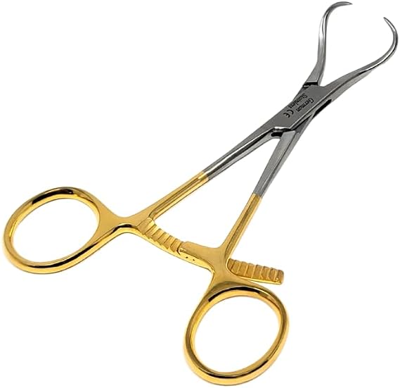 Bone Reduction Forceps With Long Ratchet & Curved Angled Tips 5.5" Instruments Made of Stainless Steel Locking Clamps in Gold Handle