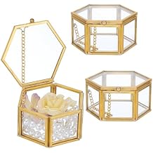 FREEBLOSS 3Pcs Hexagon Gold Glass Box Keepsake Box Vintage Jewelry Box Gold Glass Jewelry Organizer for Storage Ring Earring Trinket Display Decorative Gift for Women 3.2 * 2.9 * 1.7inch