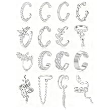16 Pcs Ear Cuff Earrings for Women Non Piercing Gold Silver Plated Ear Cuffs Non Pierced Snake Leaf CZ Star Feather Waterdrop Chain Ears Cuff Wrap Earring Clip on Cartilage Helix Fake Earrings Lightweight Adjustable