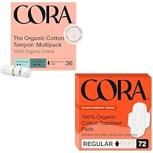 Cora Organic Feminine Care | Non-Applicator Tampon Pack and Regular Pads with Wings | Ultra-Absorbent, Unscented, Natural, Non-Toxic | 36R/S Tampons and 72 Regular Pads | Bundle Pack