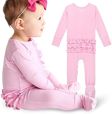 Posh Peanut Footie Pajamas for Baby Girls Sleepers in Ultra-Soft Viscose from Bamboo with 2-Way Zipper & Ruffle Trim Newborn to Toddler Sleepwear Posh Pink, 3-6 Months