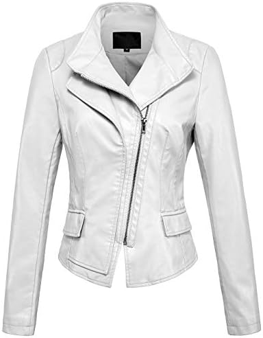 chouyatou Womens Stylish Oblique Zip Slim Faux Leather Biker Outerwear Jacket
