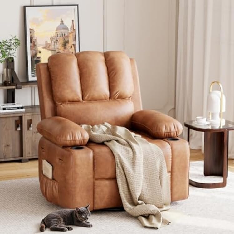 Oversized Recliner Chairs with Massage and Heat, Leather Recliner Chair for Adults, Manual Chair with Cup Holder for Living Room, Bedroom and Nursery Coffee-1