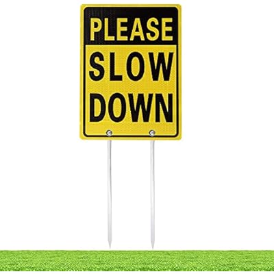 Kichwit Please Slow Down Sign, 16 Inch x 12 Inch28 Inch High, Double Sided Aluminum Reflective Slow Down Sign with Metal Stakes