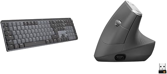 Logitech MX Mechanical Wireless Illuminated Performance Keyboard, Tactile Quiet Switches, QWERTY UK & MX Vertical Ergonomic Mouse, Multi-Device, Bluetooth or 2.4GHz Wireless with USB Unifying