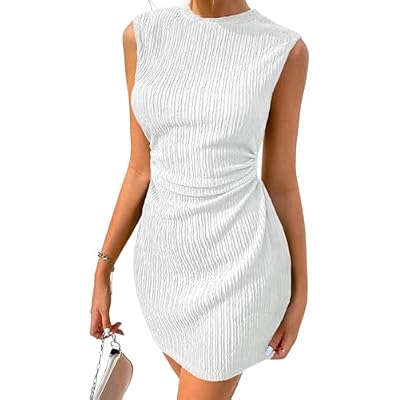 Acelitt Womens Summer Dresses Crew Neck Mini Dress Ruched Waist Short Party Dresses