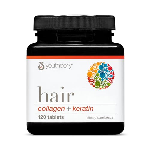 Youtheory Hair Collagen  Keratin - Advanced Collagen & Keratin Supplement - Supports Hair Growth & Nail Health - Aids Anti-Aging - 120 Tablets 20-Day Supply