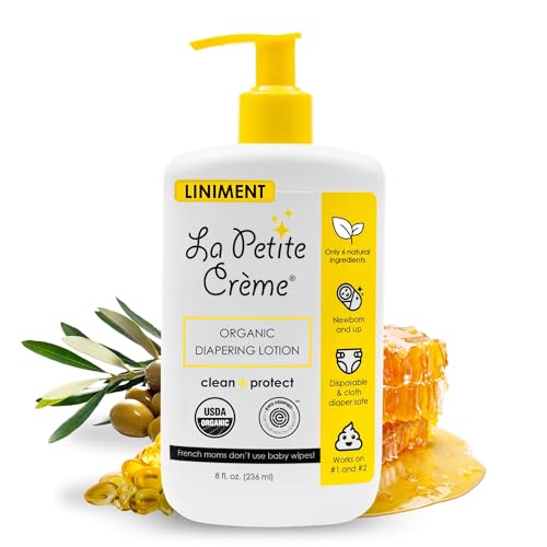 La Petite Creme French Premium Liniment Baby Lotion - Diaper Cream Alternative to Wet Wipes - Gentle Moisturizer & Skin Cleanser, USDA Certified Organic Ingredients - Newborn Essentials 8 oz
