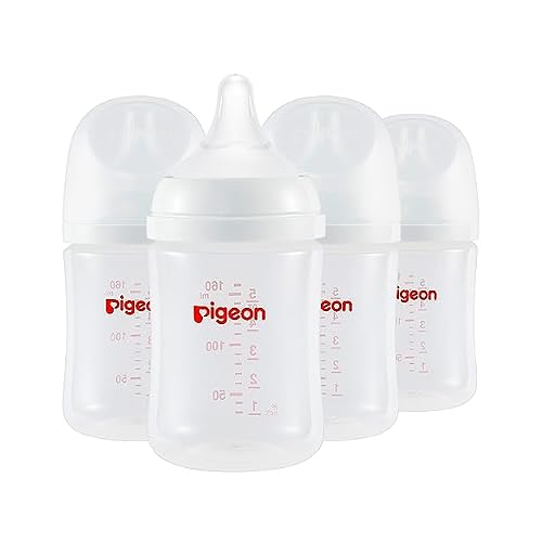 Pigeon PP Nursing Bottle Wide Neck, Anti-Colic, Streamlined Body, Natural Feel, Easy to Clean, 5 Oz Pack of 4, Includes 4pcs SS Nipples 0m