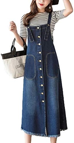Flygo Womens Button Front Midi Long Denim Jean Jumpers Overall Pinafore Dress Skirt
