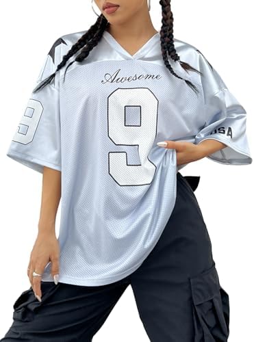SHENHE Womens Oversized Jersey Shirt Y2k Letter Print Drop Shoulder V Neck Loose Mesh Tee Tops Grey M