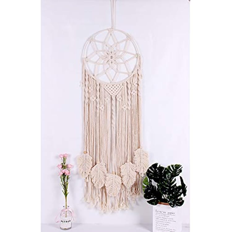AerWo Macrame Dream Catcher Woven Wall Hanging,Large Boho Dream Catcher Wall Decor with Feather Leaf and Canvas Bag for Kids Decor, Boho Decoration Handmade Dreamcatcher, 36 x 13 Inc
