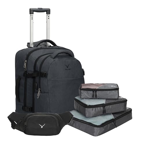 Hynes Eagle 2 in 1 Travel Backpack 22 inches Carry on Luggage 63L Rolling Backpack for Men Women with Packing Cubes 3PCS Set Grey Waist Pack Black