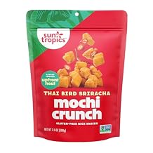 Sun Tropics Mochi Crunch, Thai Bird Sriracha Flavor- 3.5 oz (1 Pack) - Crunchy Mochi Snacks - Gluten Free & Dairy Free, No MSG - Asian Rice Snacks