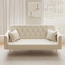 Anwick Modern Velvet Sofa Bed Futon with 2 Pillows,2-in 1 Convertible Sleeper Couch Bed,Folding Recliner Loveseat with Golden Metal Legs for Living Room Apartment Office (Beige)