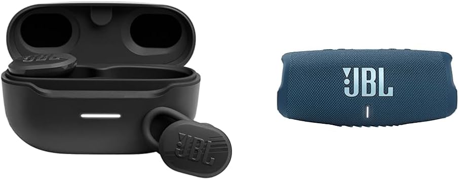 JBL Endurance Race Waterproof True Wireless Active Sport Earbuds, with Microphone & Charge 5 - Portable Bluetooth Speaker with IP67 Waterproof and USB Charge Out - Blue, Small