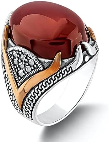 Agate Aqeeq Men's Ring, 925 Sterling Silver, Yemeni Aqeeq Stone, Turkish Ring, Size 8.5, Classic Style