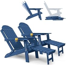 YEFU Adirondack Chair with Retractable Ottoman: Adjustable Folding Adirondack Chairs Set of 2 with Cup Holder - Fire Pit Chairs with Footrest - HDPE Plastic All Weather for Outdoor/Patio/Lawn(Navy)