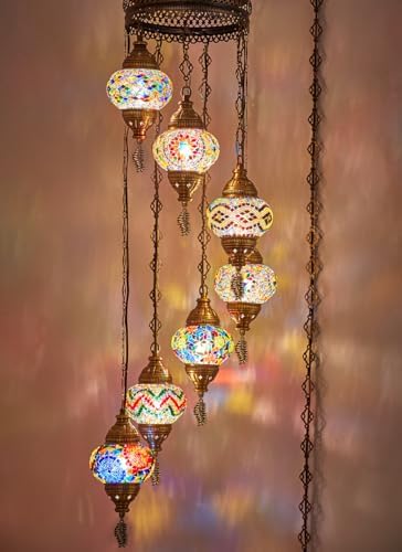 DEMMEX 7-Globe Plug-in Turkish Moroccan Mosaic Chandelier Tiffany Style Ceiling Lamp, Hanging Pendant Light Fixture, Bohemian Swag Lighting, Handmade, 15ft Cord&Chain, Hangs 5ft, Multicolor