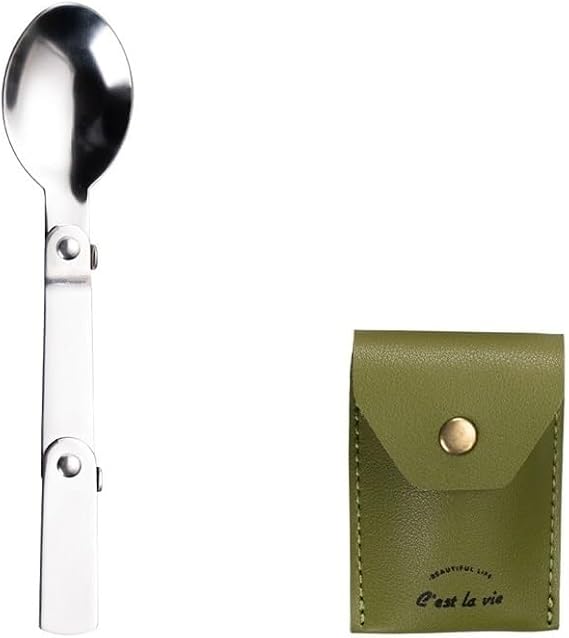 Foldable Spoon with Leather Case, 18/10 (SUS 304) Stainless Steel Salad Spoon, Portable for Camping Outdoors(Green)
