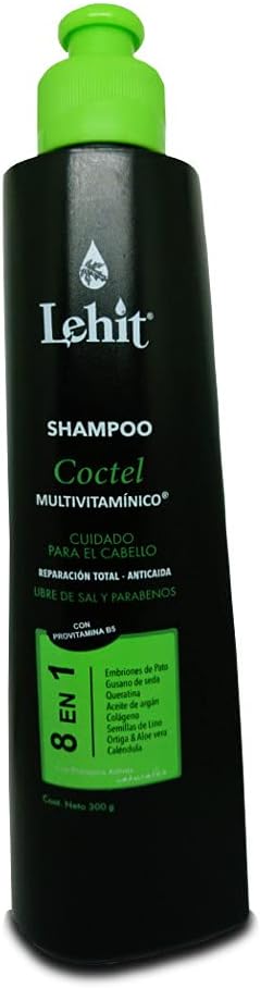 Lehit Champu Coctel 8 en 1 Multivitaminico Repolarizador Cuidado Cabello Reparacion Total AntiCaida No Sal Provitamina B5 | Shampoo Repolarizer Cocktail for Hair Care Repair No Parabens 10.1oz-300ml