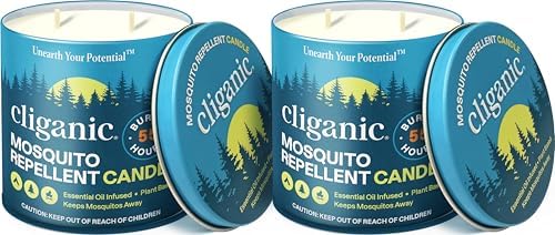 Cliganic Natural Mosquito Repellent Candle Large 16oz, Pack of 2 | Citronella, DEET Free, Essential Oil Infused for Outdoor, Camping | Burns 55 Hours