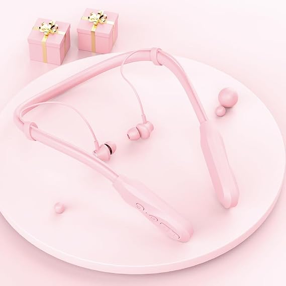 Neckband Bluetooth Headphones Wireless Sports Around The Neckband Earphone,360 HiFi Stereo Sound,100Hrs Playtime Active Noise Cancelling Earbuds with Mic IPX5 Running Headphones,Pink