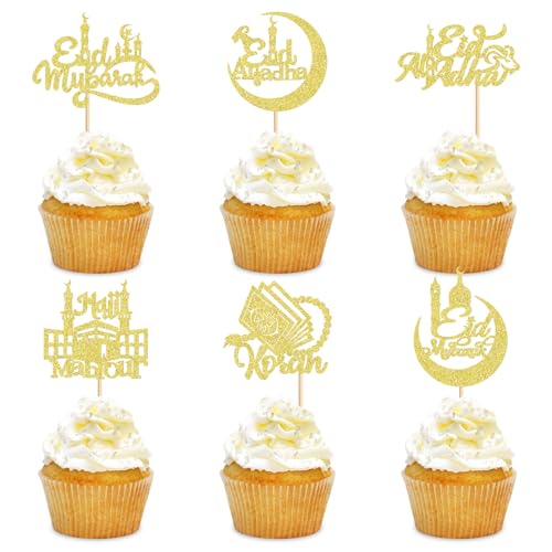 24Pcs Eid Mubarak Cupcake Toppers Happy Eid Moon Star Ramadan Kareem Cupcake Picks for Eid Islamic Muslim Theme Party Cake Decorations Supplies - Gold Glitter