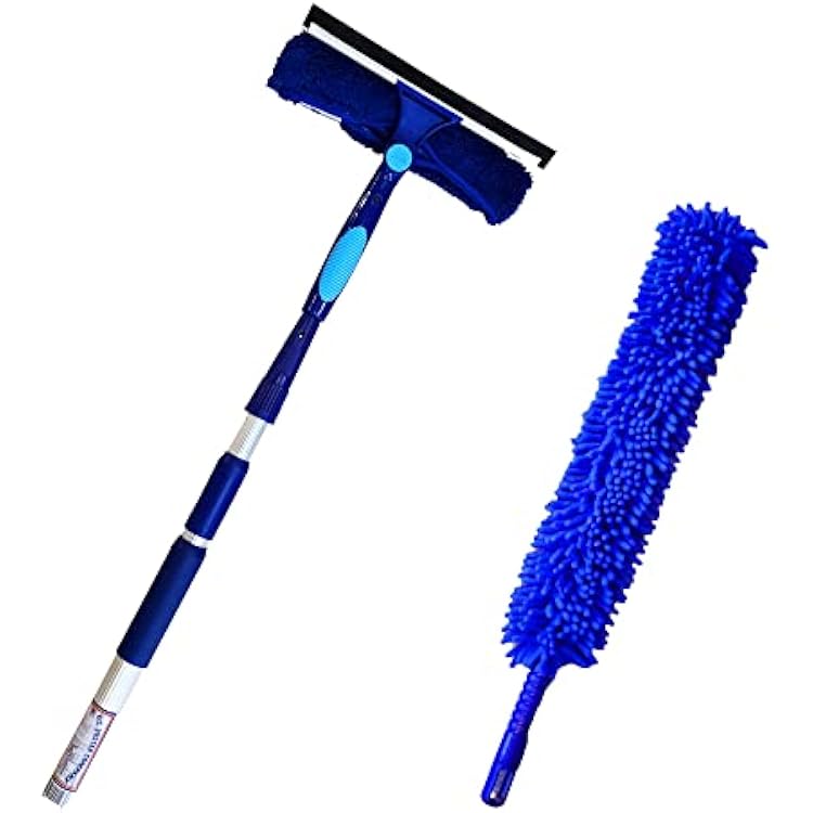 Blue Extension Rod Ceiling Duster with 18-20 feet Reach 3-Stage Aluminum Telescoping Pole Plus Window Squeegee